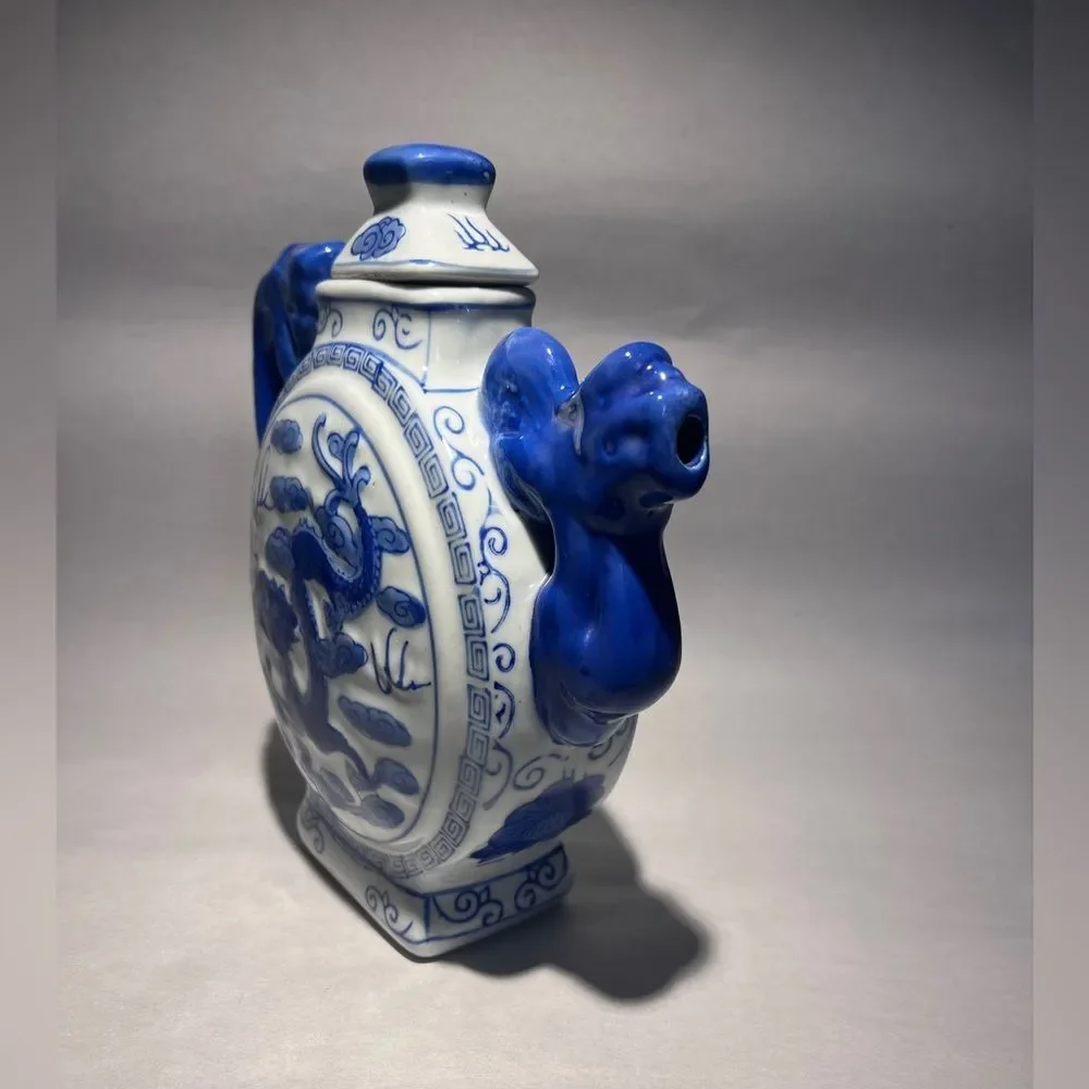 Vtg Dragon Design TeaPot Decorative White Blue Collectible Made In China